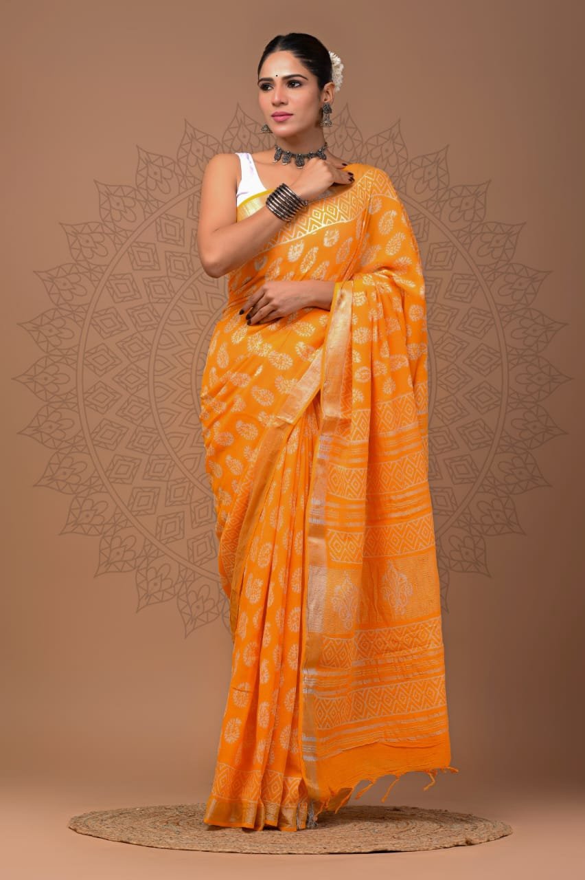 Hand Block Printed Linen Saree with Blouse